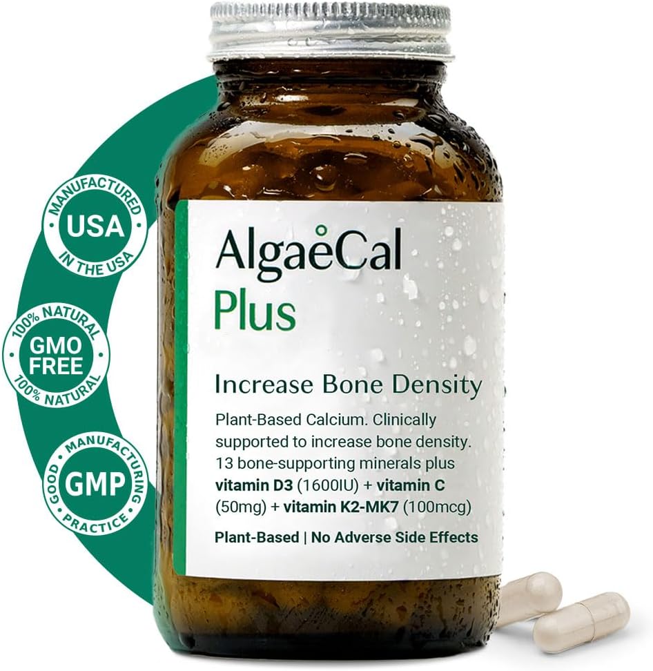 ALGAECAL Plus Organic Red Algae Calcium Supplement for Women, Vitamin K2 (100mg), Vitamin D3 (1600 IU), Magnesium (350mg) & Trace Minerals, for Improved Bone Strength, Easy to Swallow, 120 Veg Caps