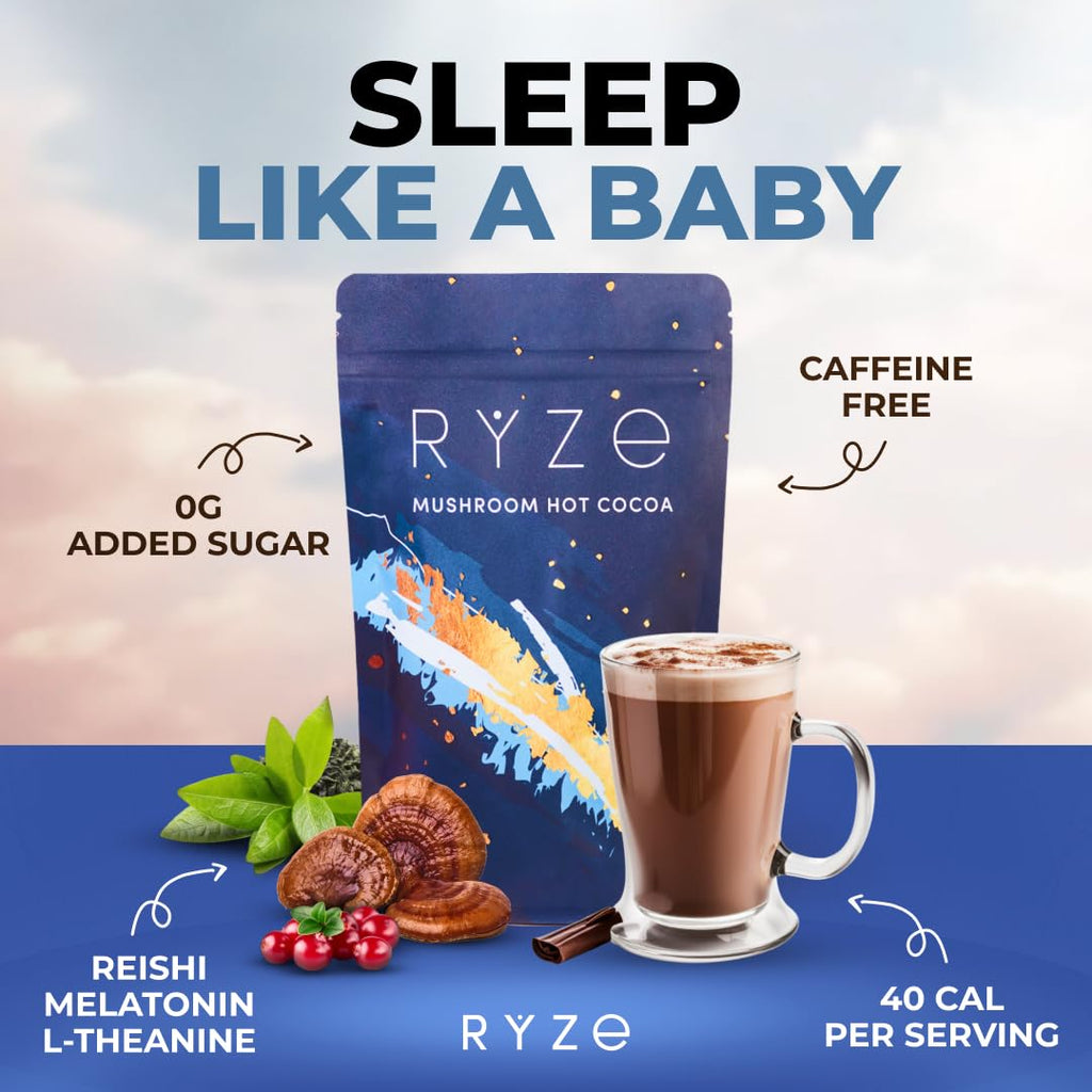 RYZE MUSHROOM HOT COCOA  Melatonin Sleep Aid | Keto Cocoa Powder With Mushroom For Sleep | Melatonin, Reishi, Glycine, Cacao, L-Theanine, Chicory Fall Asleep, Stay Asleep 20 servings