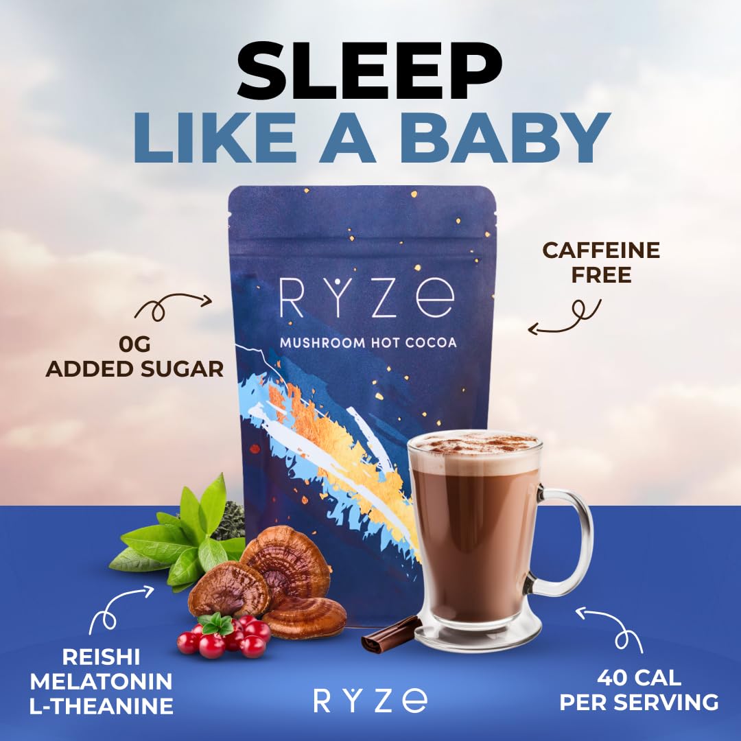 RYZE MUSHROOM HOT COCOA  Melatonin Sleep Aid | Keto Cocoa Powder With Mushroom For Sleep | Melatonin, Reishi, Glycine, Cacao, L-Theanine, Chicory Fall Asleep, Stay Asleep 20 servings