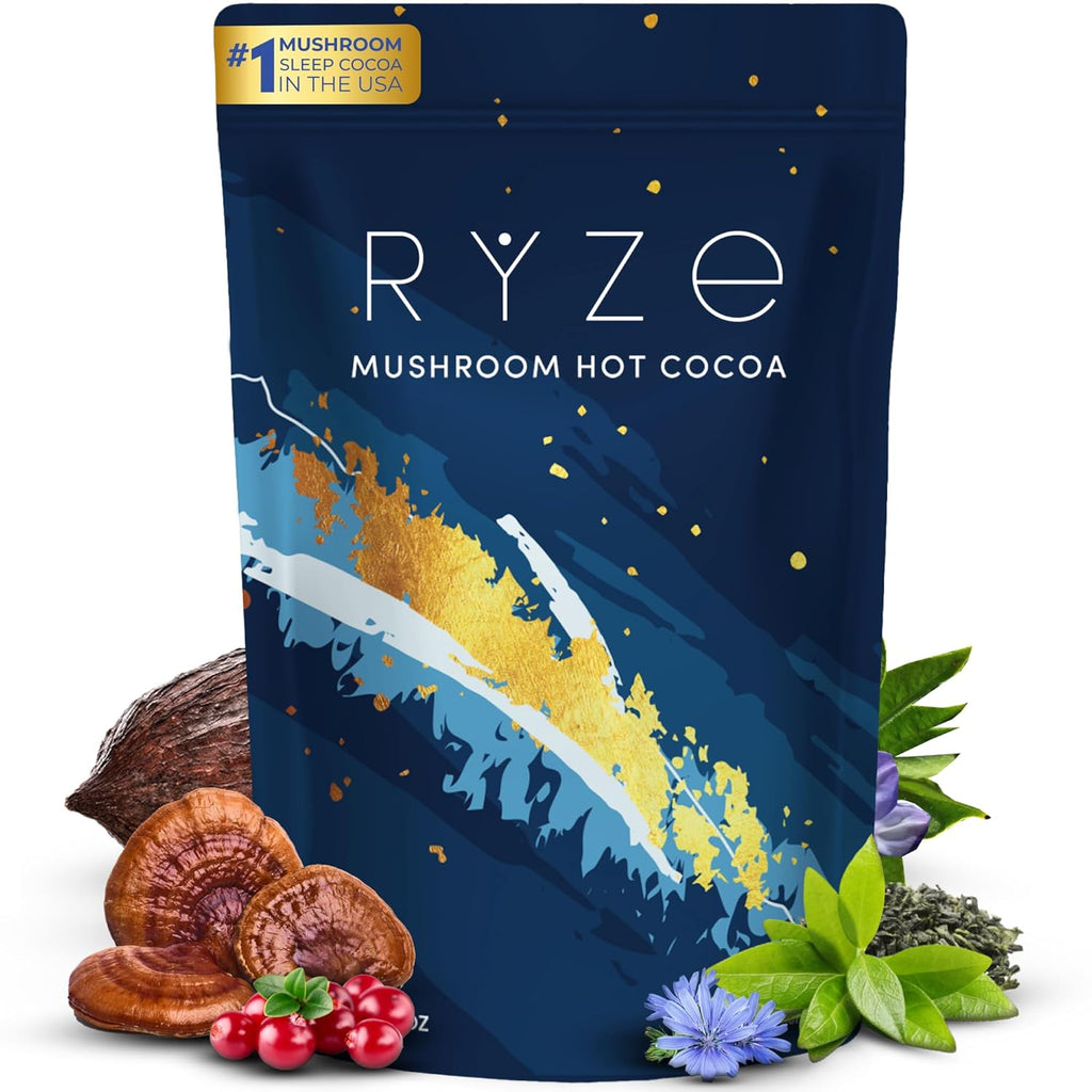 RYZE MUSHROOM HOT COCOA  Melatonin Sleep Aid | Keto Cocoa Powder With Mushroom For Sleep | Melatonin, Reishi, Glycine, Cacao, L-Theanine, Chicory Fall Asleep, Stay Asleep 20 servings