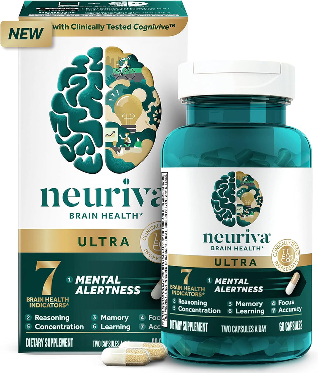 NEURIVA Ultra plus Brain Supplement Decaffeinated Clinically Tested Nootropic Brain Supplement for Mental Alertness 60 Capsules