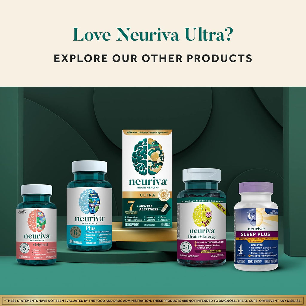 NEURIVA Ultra plus Brain Supplement Decaffeinated Clinically Tested Nootropic Brain Supplement for Mental Alertness 60 Capsules