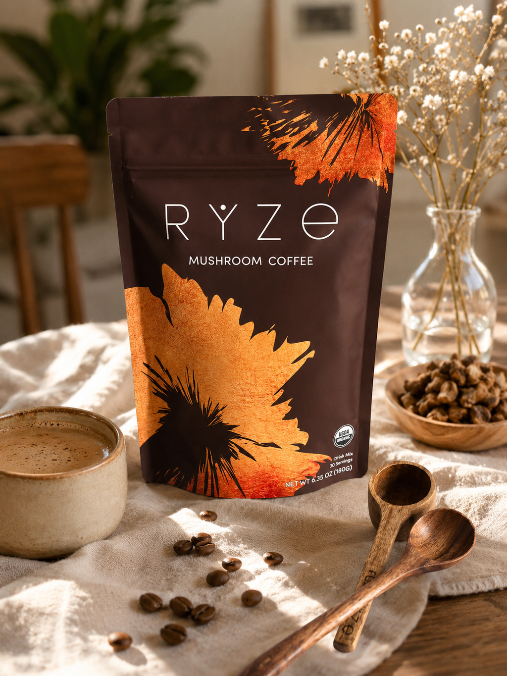 RYZE Mushroom Coffee – Organic Adaptogen Blend (30 Servings)