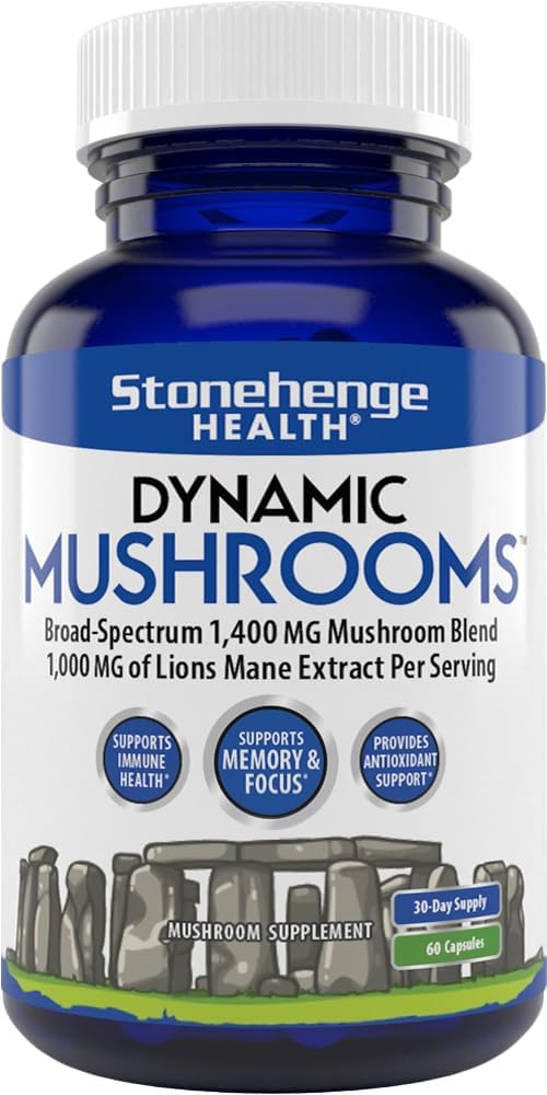 Dynamic Mushrooms - 100% Fruiting Bodies & Extracts - Lion’s Mane, Chaga, Maitake, Shiitake, Reishi - Nootropic Brain & Immune System Support - No Mycelium - 60 Veggie Capsules Stonehenge health