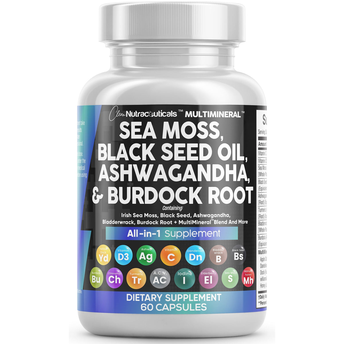 Sea Moss 3000mg Black Seed Oil 2000mg Ashwagandha 1000mg Turmeric 1000mg Bladderwrack 1000mg Burdock 1000mg & Vitamin C & D3 with Elderberry Manuka Dandelion Yellow Dock Iodine Chlorophyll ACV