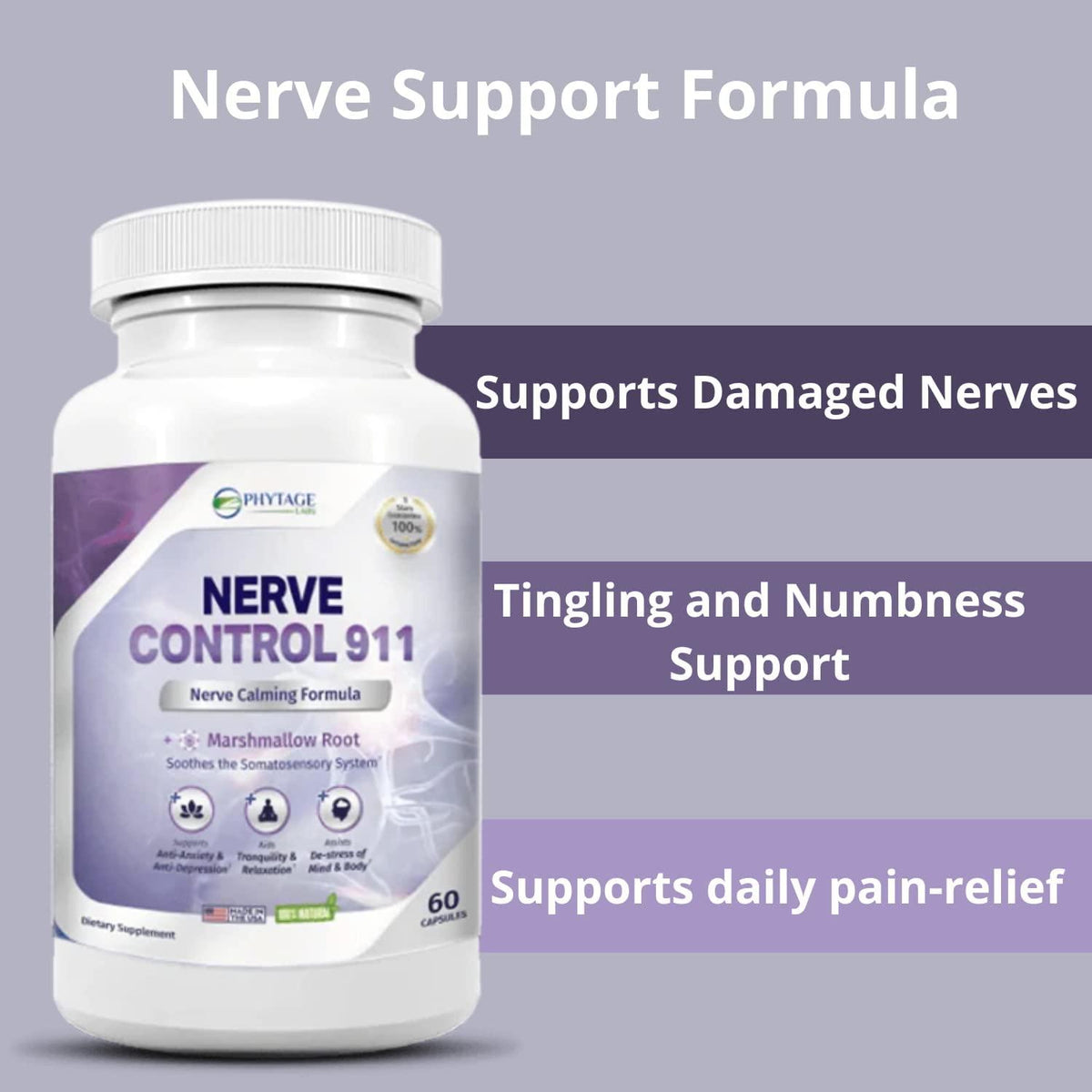 Nerve control 911 nerve calming formula - natural plant nerve health supplement - 60 capsules