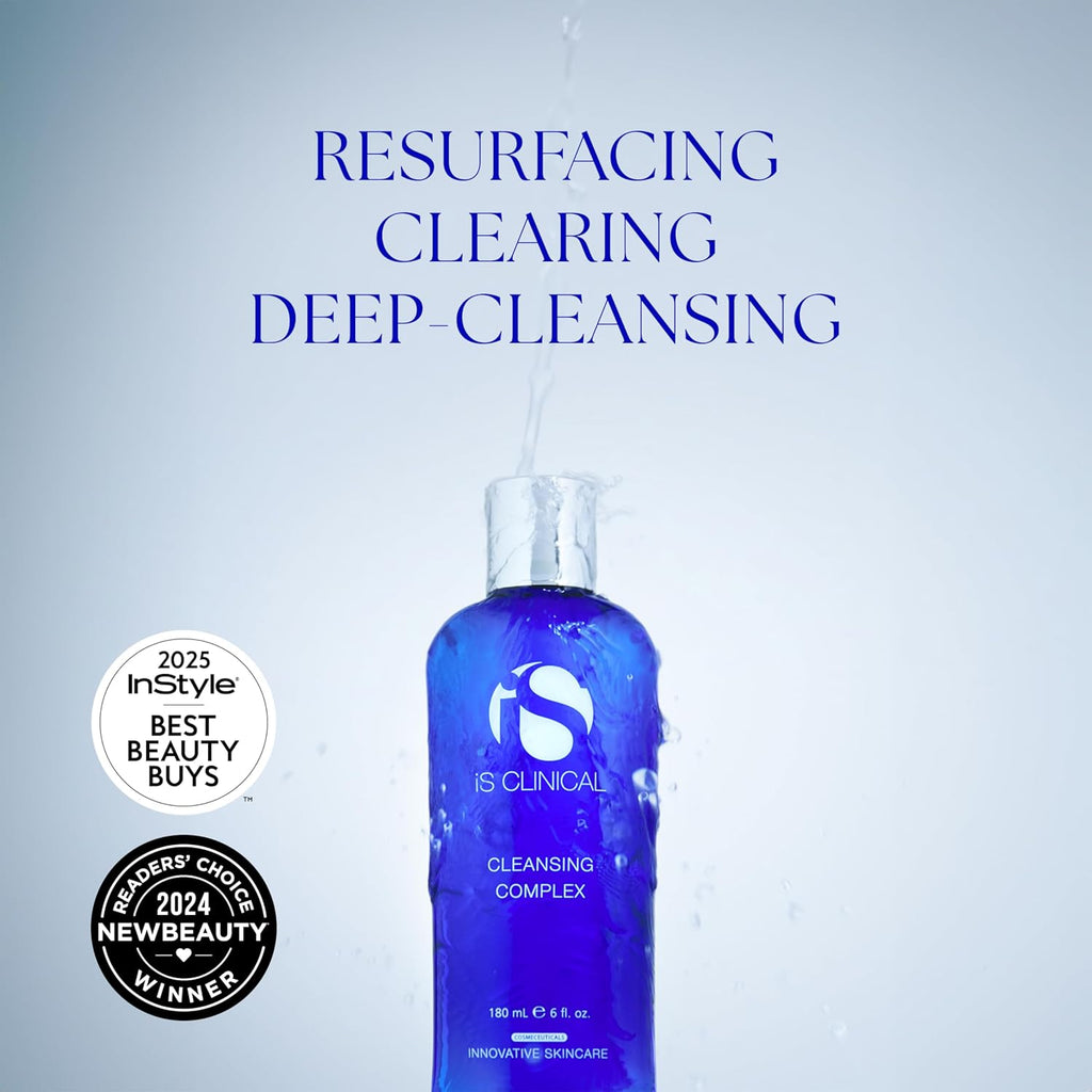 Blue bottle of IS Clinical Cleansing Complex with text on a light blue background