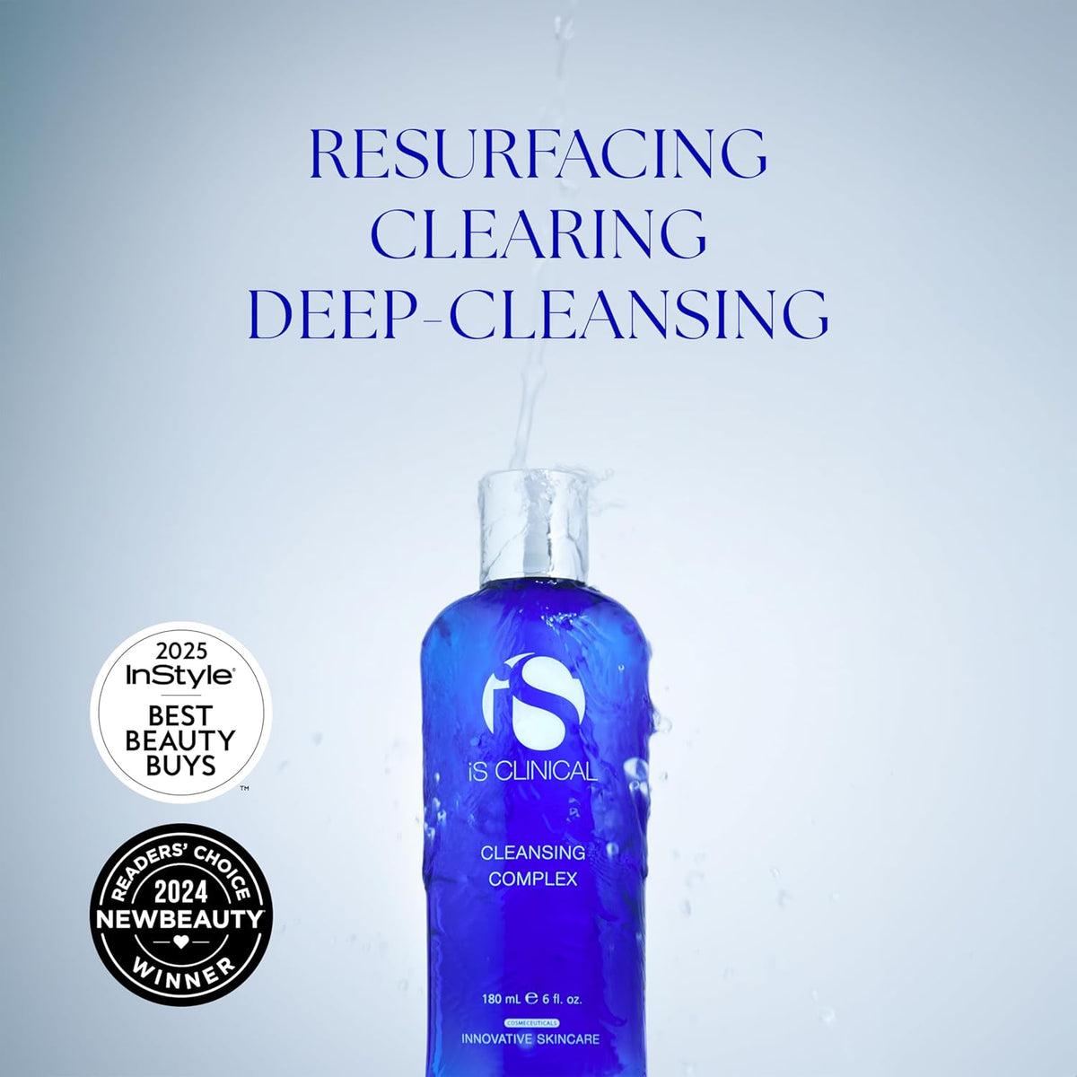 Blue bottle of IS Clinical Cleansing Complex with text on a light blue background