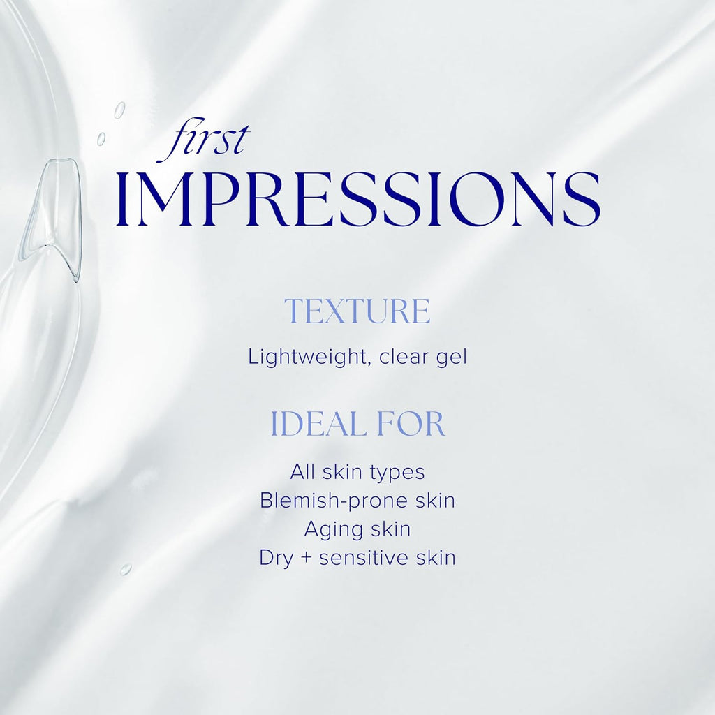 Product packaging with text about 'first Impressions' texture and suitability for various skin types on a white background.