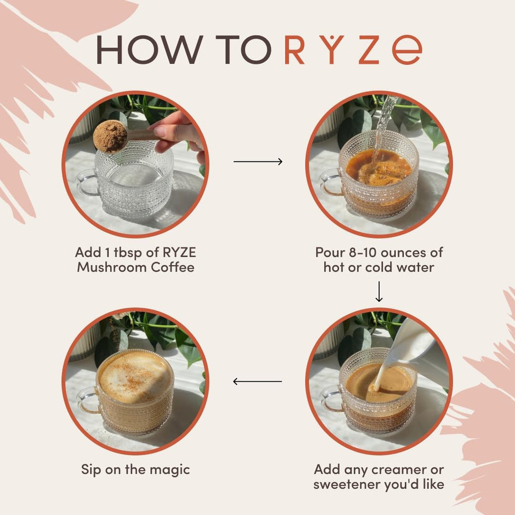 RYZE Mushroom Coffee Kit packaging featuring 30 servings of organic, all-natural mushroom coffee for energy and focus
