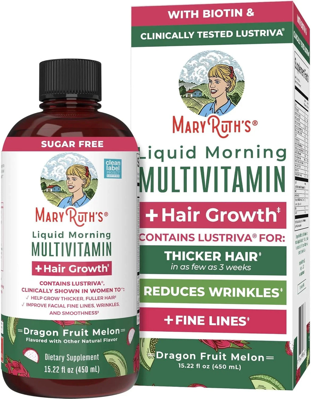 Liquid Multivitamin + Hair Growth | Biotin 10000mcg | Lustriva Hair Growth Supplement | Clinically Tested in Women for Thicker Hair & Facial Wrinkles | Skin Care | Ages 18+ | 15.22 Fl Oz Mary Ruth