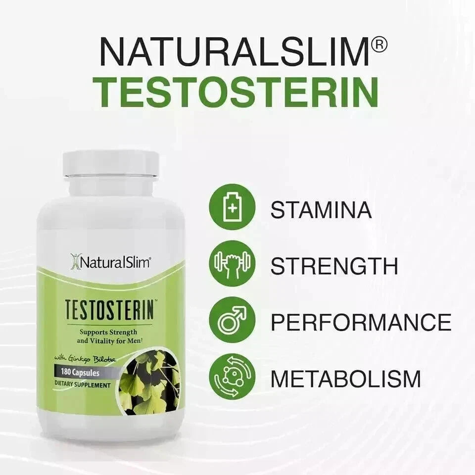 Testosterin NaturalSlim Natural Testosterone Booster for Men Male Enhancing Supplement with Ginkgo Biloba, L Arginine, Zinc, Vitamin B3, & Testofen for Energy, Muscle Builder & Metabolism - 180 Capsules
