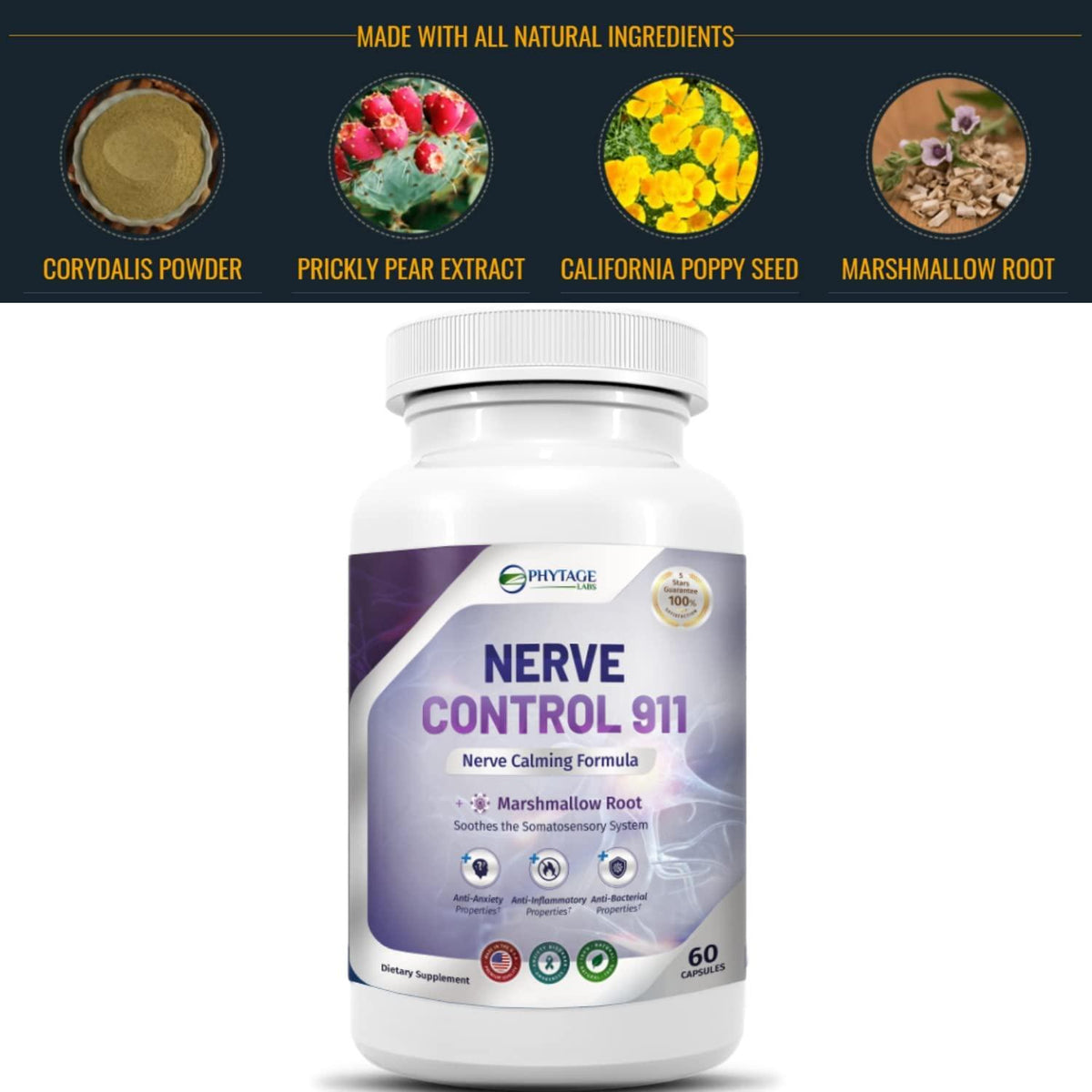 Nerve control 911 nerve calming formula - natural plant nerve health supplement - 60 capsules